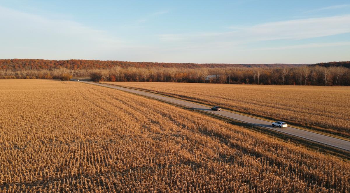 Harvested corn fields in autumn on flat river bottomland, a two-lane road running toward wooded bluffs under a late afternoon sky