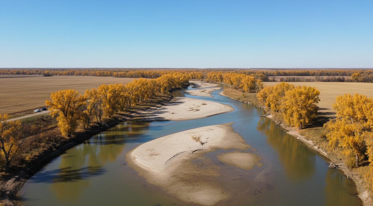 A wide, shallow river with pale sandbars and yellow cottonwoods along both sides, harvested fields beyond under a clear sky