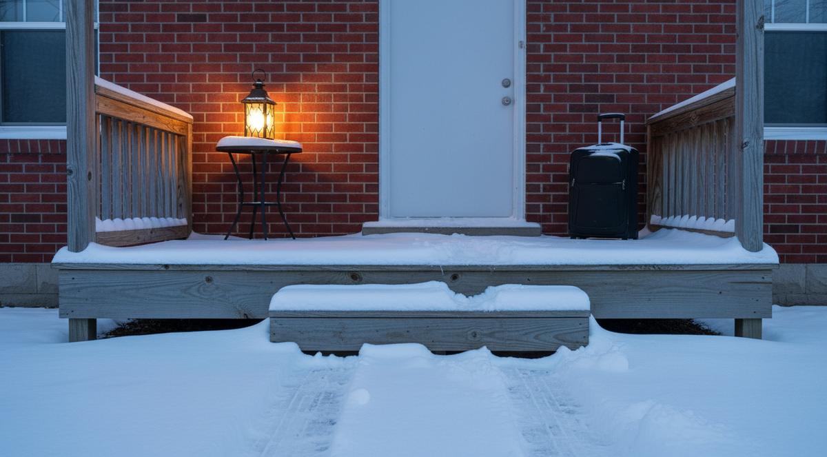 A snowy wooden porch of a red brick house at dusk, a black rolling suitcase beside a plain white door and a lit lantern on a small side table