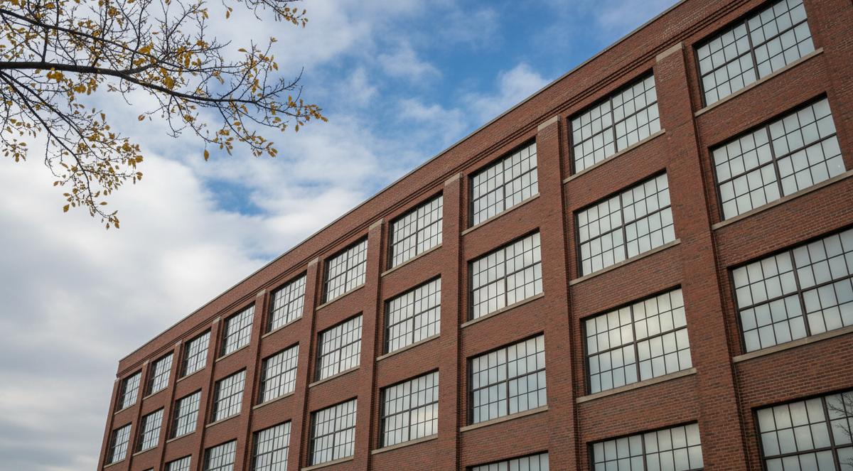 The upper floors of a long red brick former factory building with large multi-pane steel windows, seen from below against a partly cloudy sky