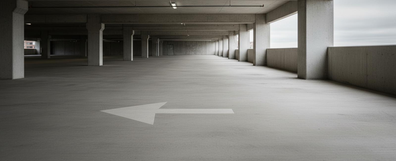 An empty concrete parking garage level seen low from the floor, a painted white turn arrow, rows of columns and an open side to an overcast sky